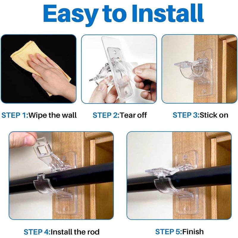 Curtain Rod Bracket, 6-Pack No Drill Needed Holders, Self Adhesive Brackets, Multipurpose Nail Free Stick On Hooks, Hangers For Bathroom, Bedroom, Livingroom - Image 4