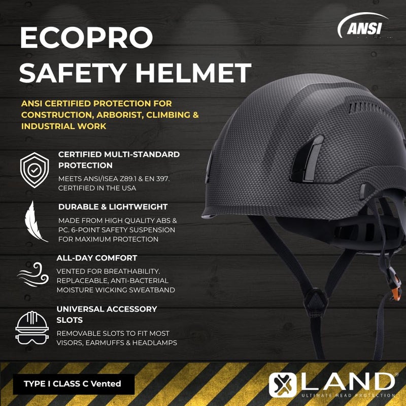 Land Helmets EcoPro Safety Helmet - ANSI/ISEA Z89.1-201 Type 1 Class C Vented - OSHA Approved - Lightweight Helmet for Arborist, Scafollding & Rescue - Image 2