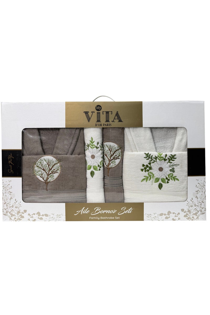 My VITA 6-Piece Turkish Velour Cotton Family Bathrobe Set with Matching Bath Towels and Hand Towels Brown/Ivory  - Image 2