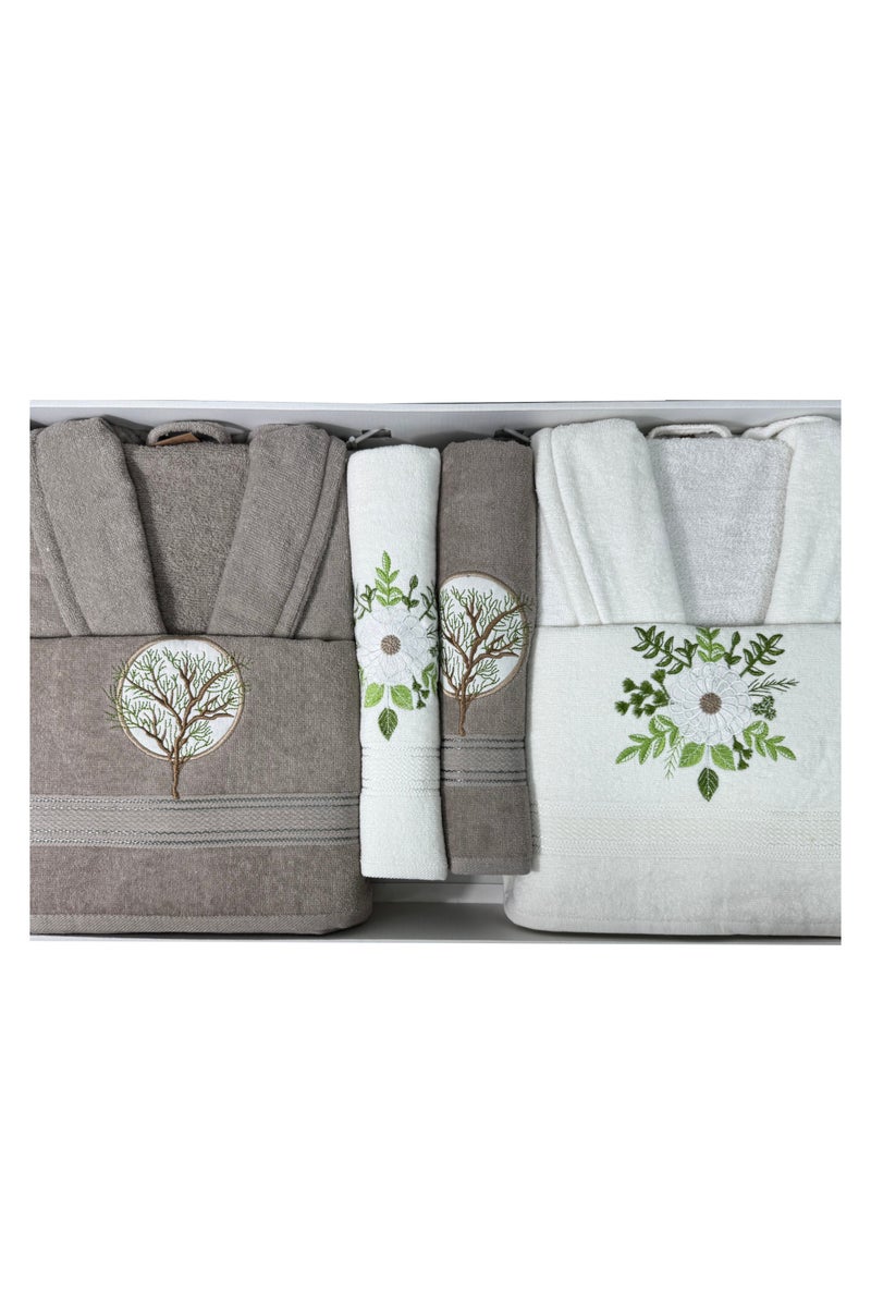 My VITA 6-Piece Turkish Velour Cotton Family Bathrobe Set with Matching Bath Towels and Hand Towels Brown/Ivory  - Image 3