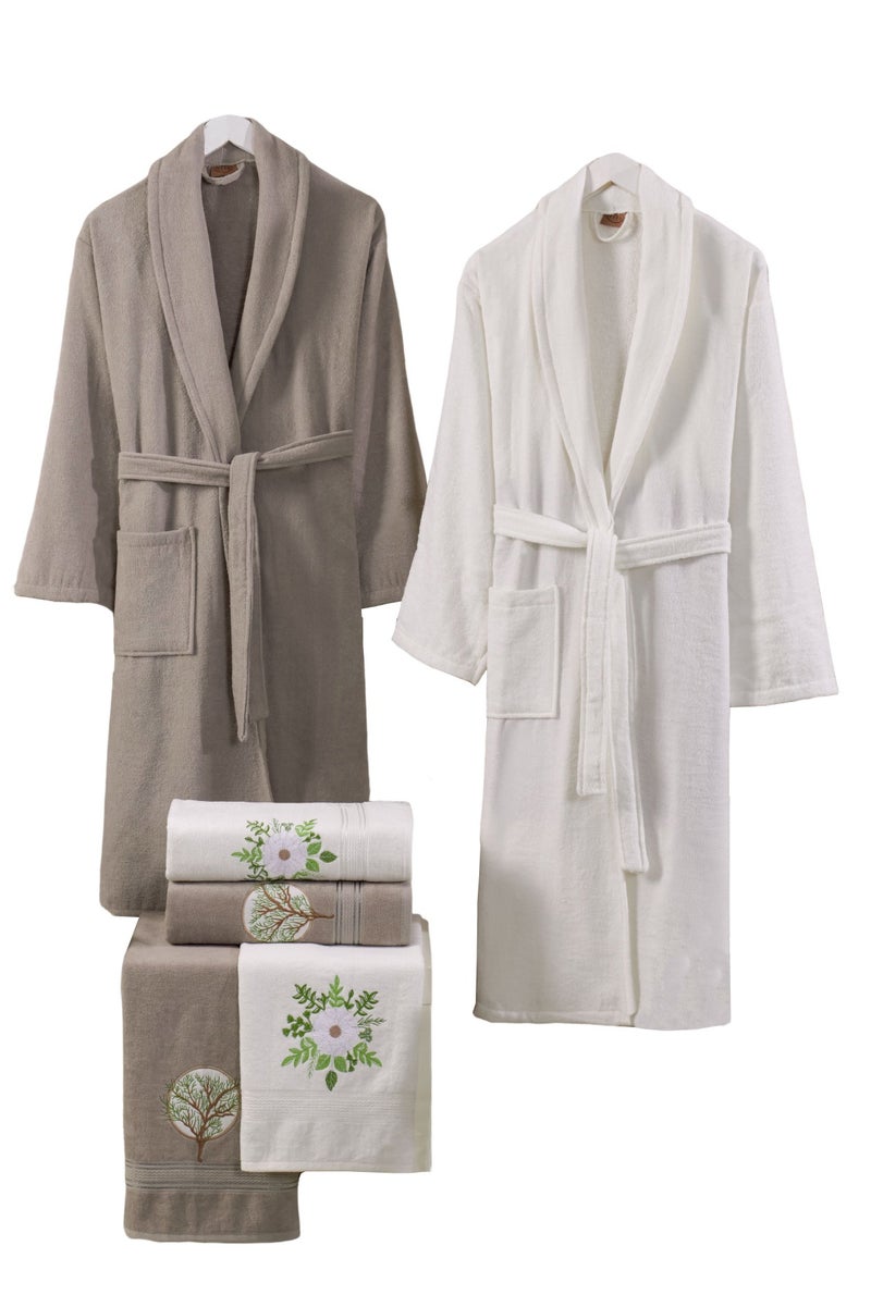 My VITA 6-Piece Turkish Velour Cotton Family Bathrobe Set with Matching Bath Towels and Hand Towels Brown/Ivory  - Image 1