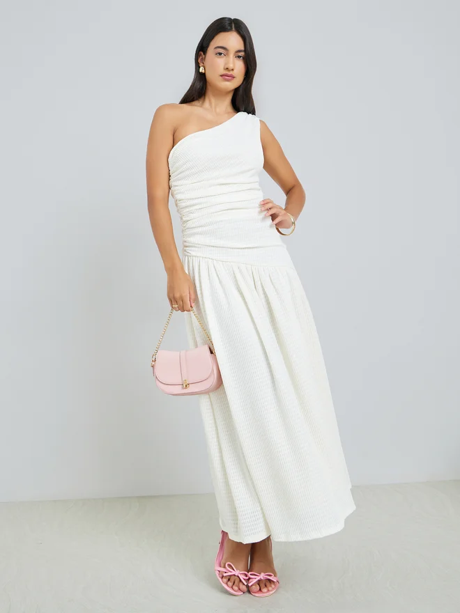 Styli Off-White Ruched One Shoulder A-Line Maxi Dress