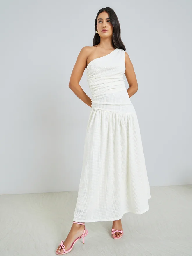 Styli  Styli Off-White Ruched One Shoulder A-Line Maxi Dress for Women | Best Price UAE
