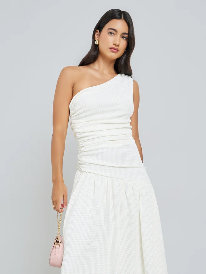 Styli  Styli Off-White Ruched One Shoulder A-Line Maxi Dress for Women | Best Price UAE