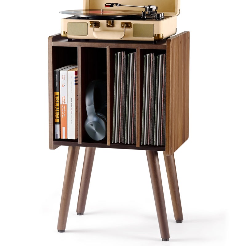 2BHOME Wooden Record Player Stand, Vinyl Record Storage Holder Table with 4 Cabinets, Holds up to 100 LPs, Metal Organizer Stand, Classical Design for Files/Book (Walnut, 2 Tier) - Image 1