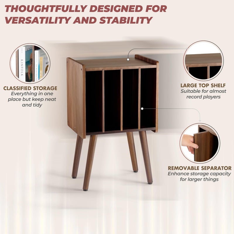2BHOME Wooden Record Player Stand, Vinyl Record Storage Holder Table with 4 Cabinets, Holds up to 100 LPs, Metal Organizer Stand, Classical Design for Files/Book (Walnut, 2 Tier) - Image 3