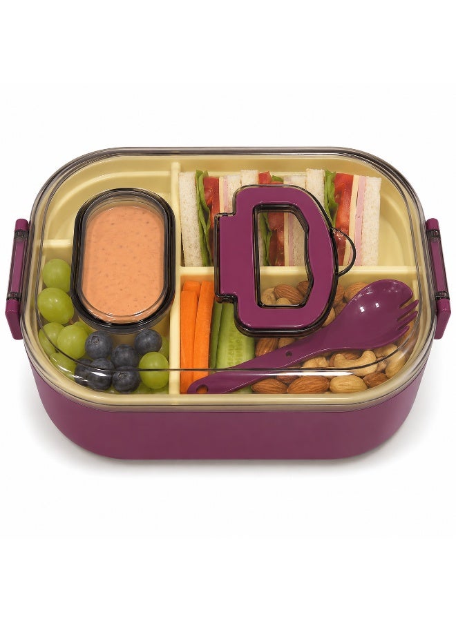2-Tier Bento Lunch Box with Compartments, Sauce Container and Spoon Fork, Transparent Secure Lid with Carry Handle, Microwave Safe Without Lid, BPA-Free for School and Work- Purple - Image 2
