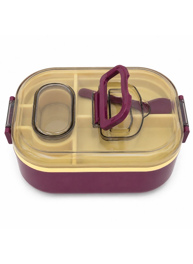 2-Tier Bento Lunch Box with Compartments, Sauce Container and Spoon Fork, Transparent Secure Lid with Carry Handle, Microwave Safe Without Lid, BPA-Free for School and Work- Purple - Image 3