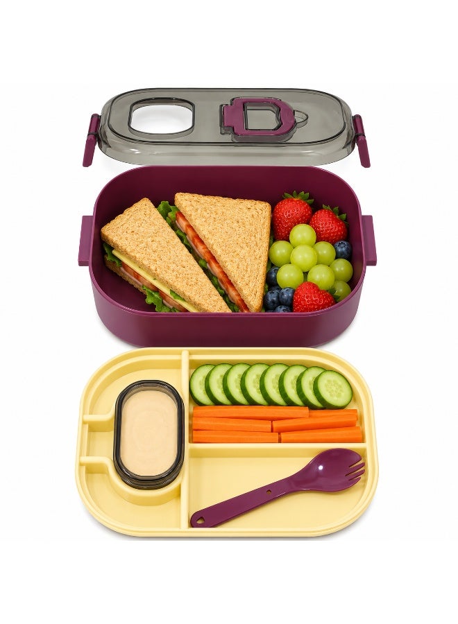 2-Tier Bento Lunch Box with Compartments, Sauce Container and Spoon Fork, Transparent Secure Lid with Carry Handle, Microwave Safe Without Lid, BPA-Free for School and Work- Purple - Image 4