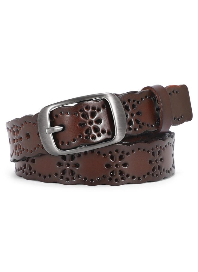 JASGOOD - Women Hollow Flower Leather Belt For Jeans Pants Soft Leather Belt With Solid Pin Buckle(Coffee Fit Waist Size 3337 Inches) - Image 1