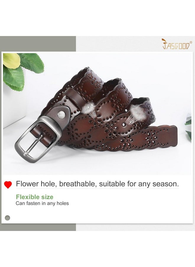 JASGOOD - Women Hollow Flower Leather Belt For Jeans Pants Soft Leather Belt With Solid Pin Buckle(Coffee Fit Waist Size 3337 Inches) - Image 1