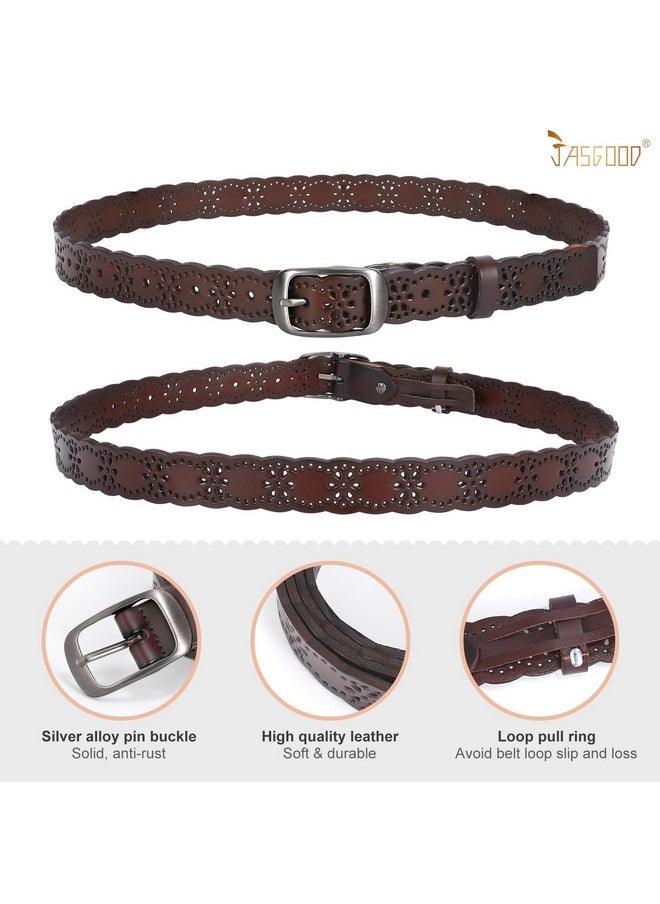 JASGOOD - Women Hollow Flower Leather Belt For Jeans Pants Soft Leather Belt With Solid Pin Buckle(Coffee Fit Waist Size 3337 Inches) - Image 1