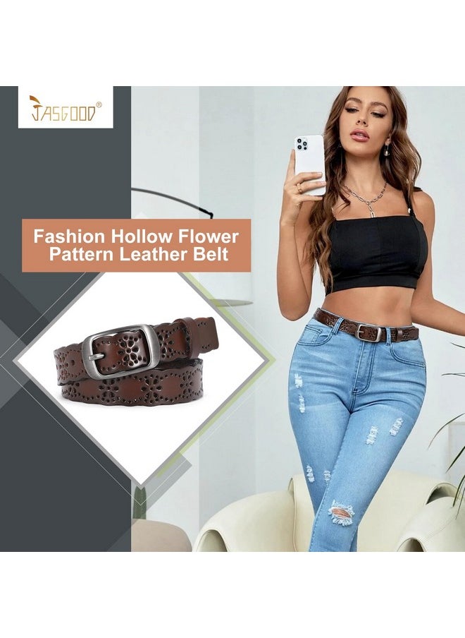 JASGOOD - Women Hollow Flower Leather Belt For Jeans Pants Soft Leather Belt With Solid Pin Buckle(Coffee Fit Waist Size 3337 Inches) - Image 1