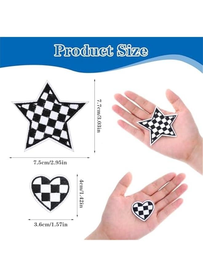 12pcs Star Iron on Patches, Heart Patches Iron on Embroidered, Racing Race Day Black White Checkered Decorative Applique Hat Patch Embroidery for Appliques Hats Trucker Clothes Jacket Denim - Image 3