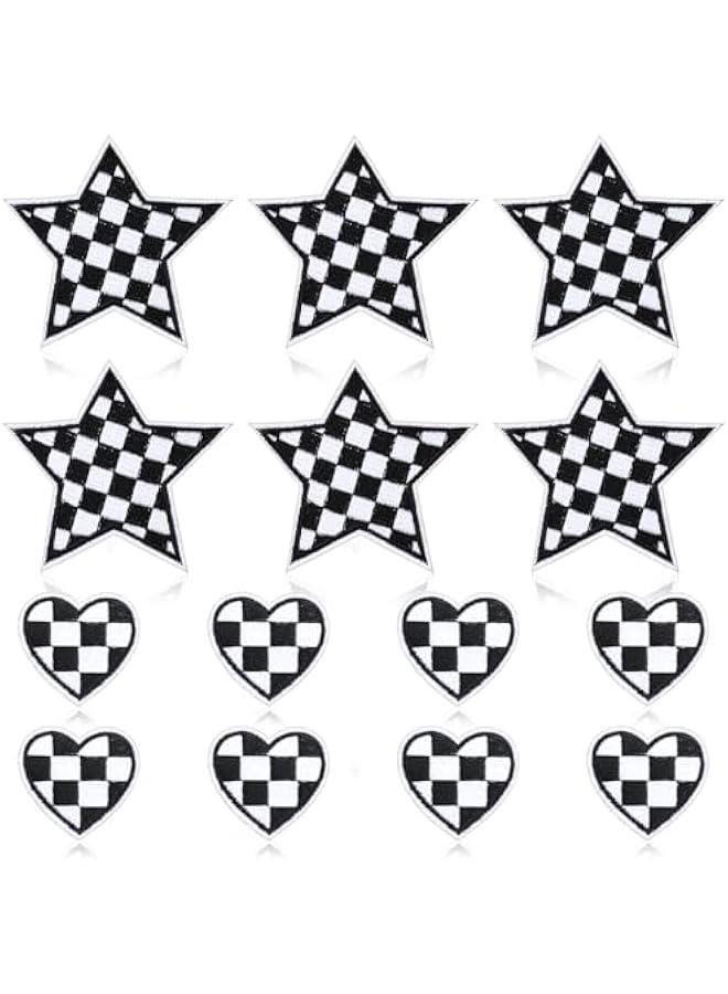 12pcs Star Iron on Patches, Heart Patches Iron on Embroidered, Racing Race Day Black White Checkered Decorative Applique Hat Patch Embroidery for Appliques Hats Trucker Clothes Jacket Denim - Image 1