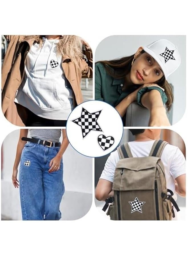 12pcs Star Iron on Patches, Heart Patches Iron on Embroidered, Racing Race Day Black White Checkered Decorative Applique Hat Patch Embroidery for Appliques Hats Trucker Clothes Jacket Denim - Image 2