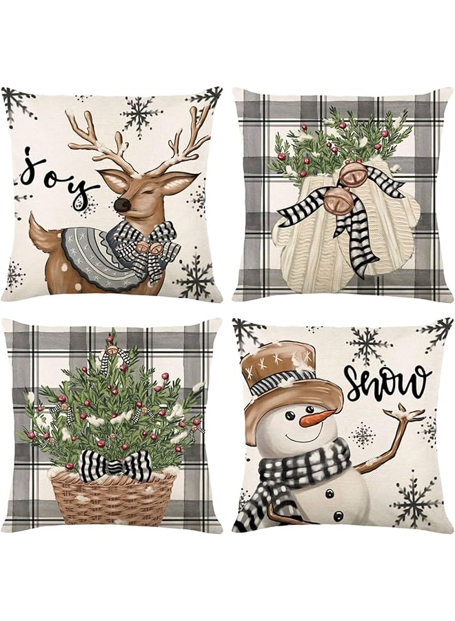 The Bros Set of 4 Christmas Decor Pillow Covers, Decorative Throw Pillowcase, for Winter Xmas Holiday Home Decor, for Sofa Couch, Christmas Tree Snowman Gloves Deer, 18x18inch, Brown - Image 1