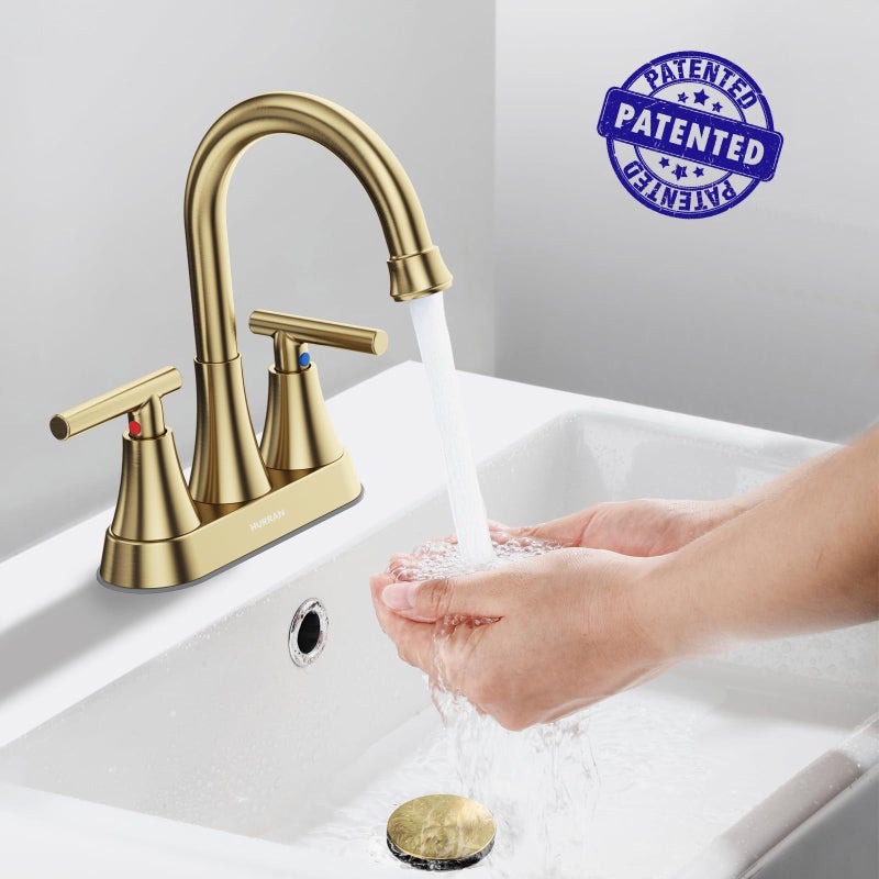 Hurran Bathroom Faucets for Sink 3 Hole, Hurran 4 inch Brushed Gold Bathroom Sink Faucet with Pop-up Drain and Supply Hoses, Stainless Steel Lead-Free Centerset Faucet for Vanity RV, 2 Pack - Image 2
