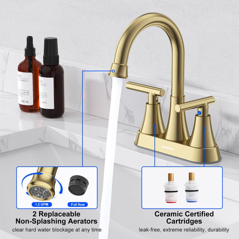 Hurran Bathroom Faucets for Sink 3 Hole, Hurran 4 inch Brushed Gold Bathroom Sink Faucet with Pop-up Drain and Supply Hoses, Stainless Steel Lead-Free Centerset Faucet for Vanity RV, 2 Pack - Image 4