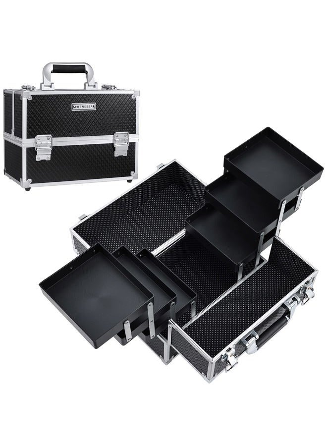 FRENESSA Makeup Train Case 12 inch Large Portable Cosmetic Case - 6 Tier Trays Professional Makeup Storage Organizer Box Make Up Carrier with Lockable keys Travel Case for Women and Girls - Black - Image 1