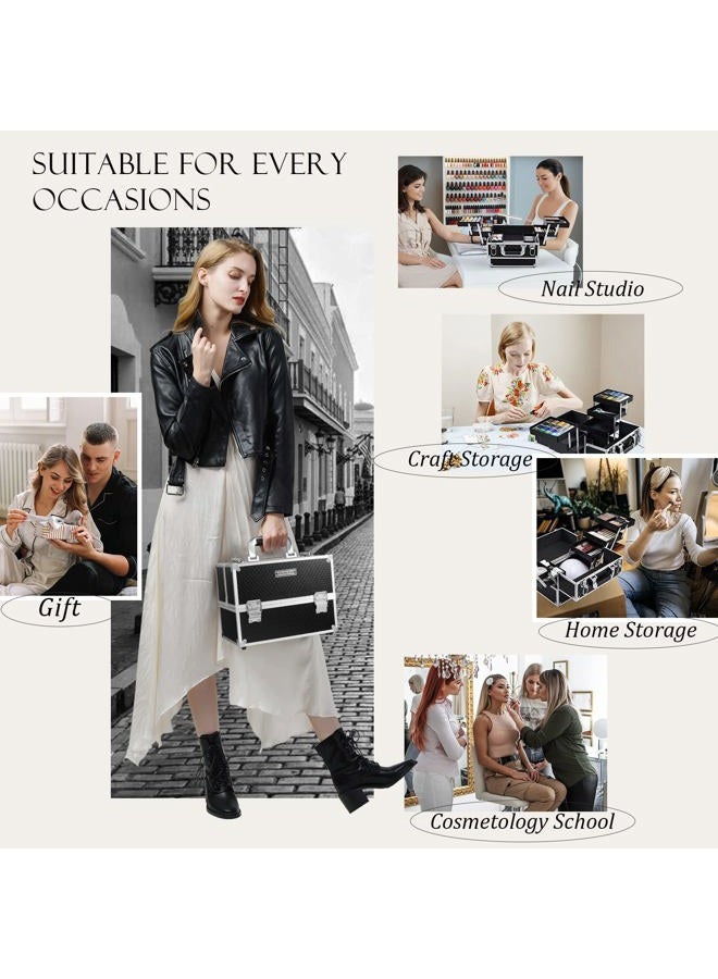 FRENESSA Makeup Train Case 12 inch Large Portable Cosmetic Case - 6 Tier Trays Professional Makeup Storage Organizer Box Make Up Carrier with Lockable keys Travel Case for Women and Girls - Black - Image 3