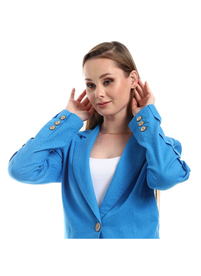 Esla - Long Sleeves With Buttoned Cuffs Plain Blazer - Turquoise - Image 1