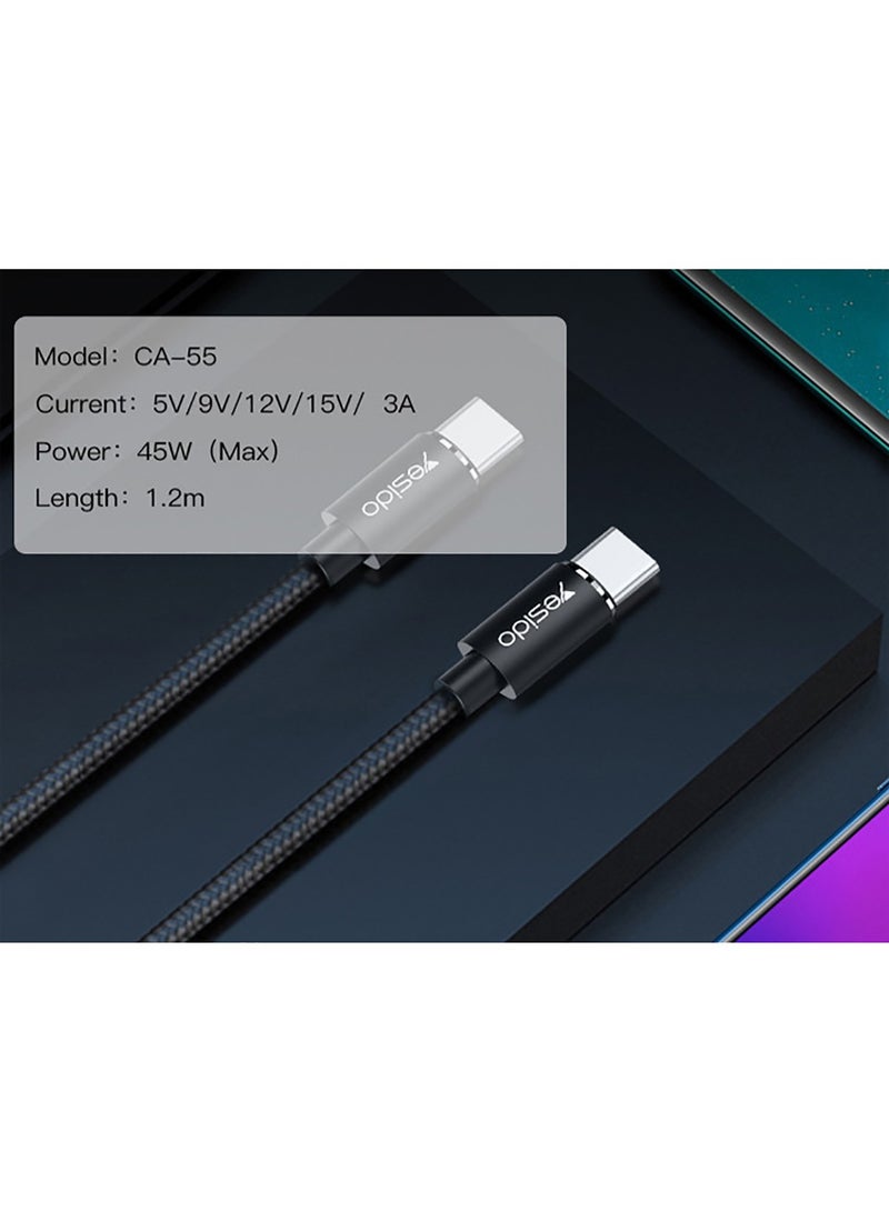 Yesido CA55 Type-C To Type-C Nylon Braided Phone Charger Cable 45W 3A Fast Charging Mobile Data Cable Black - Image 3