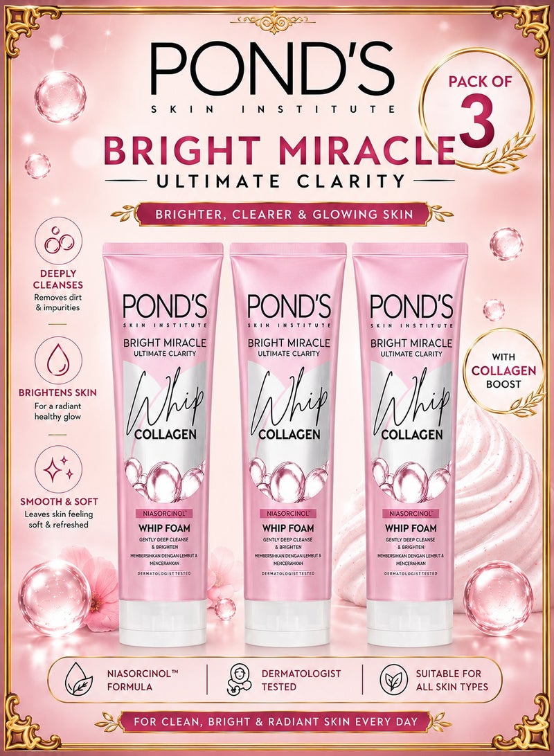Pond's Bright Miracle Ultimate Clarity Whip Collagen Niasorcinol Facial Foam 100g X 3 - Image 1