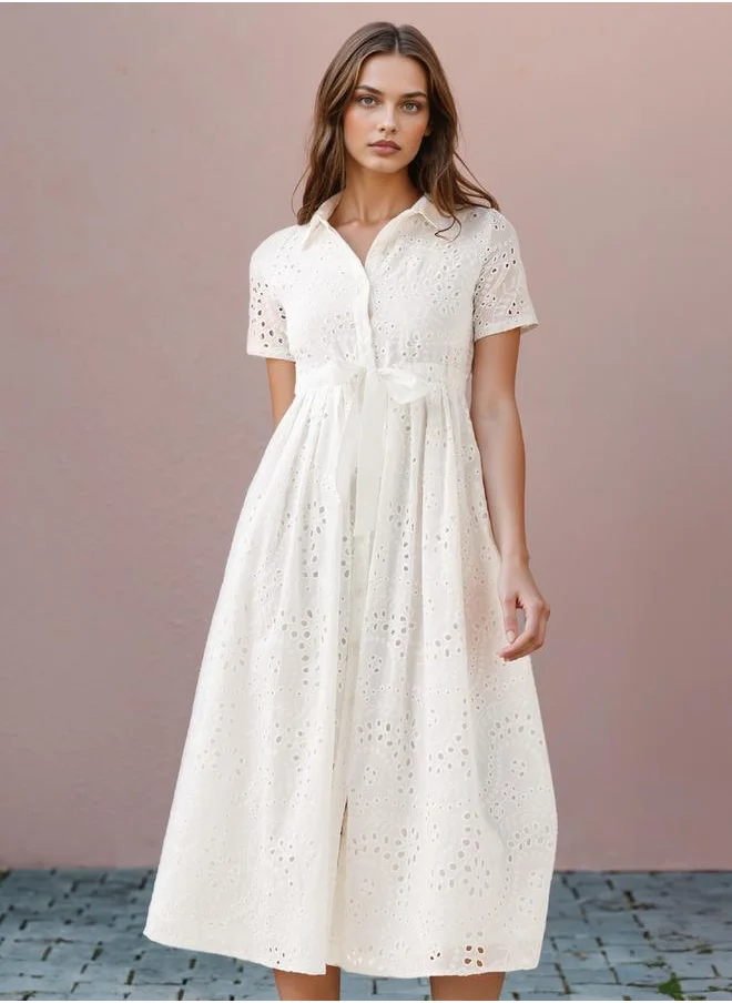 تواكستريمز 2Xtremz Schiffli Textured Shirt Dress with Collar and Short Sleeves