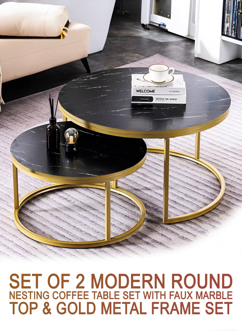 Toshionics Black Finish Round Nesting Coffee Table Set of 2 Tables with Golden Steel Base Design Durable MDF Top Perfect for Home Living Room Bedroom Outdoor Garden Patio or Small Spaces Versatile End Table, Sofa Side, Center Table Bedside Tables Stackable Accent Table - Image 1