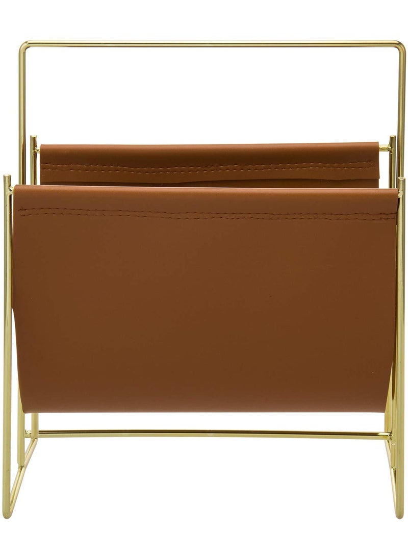 INDIAN DECOR INDIAN DECOR 28514 Modern Caramel Leatherette Magazine Holder Floor Standing Sling Style Rack with Metal Frame Golden  - Image 4