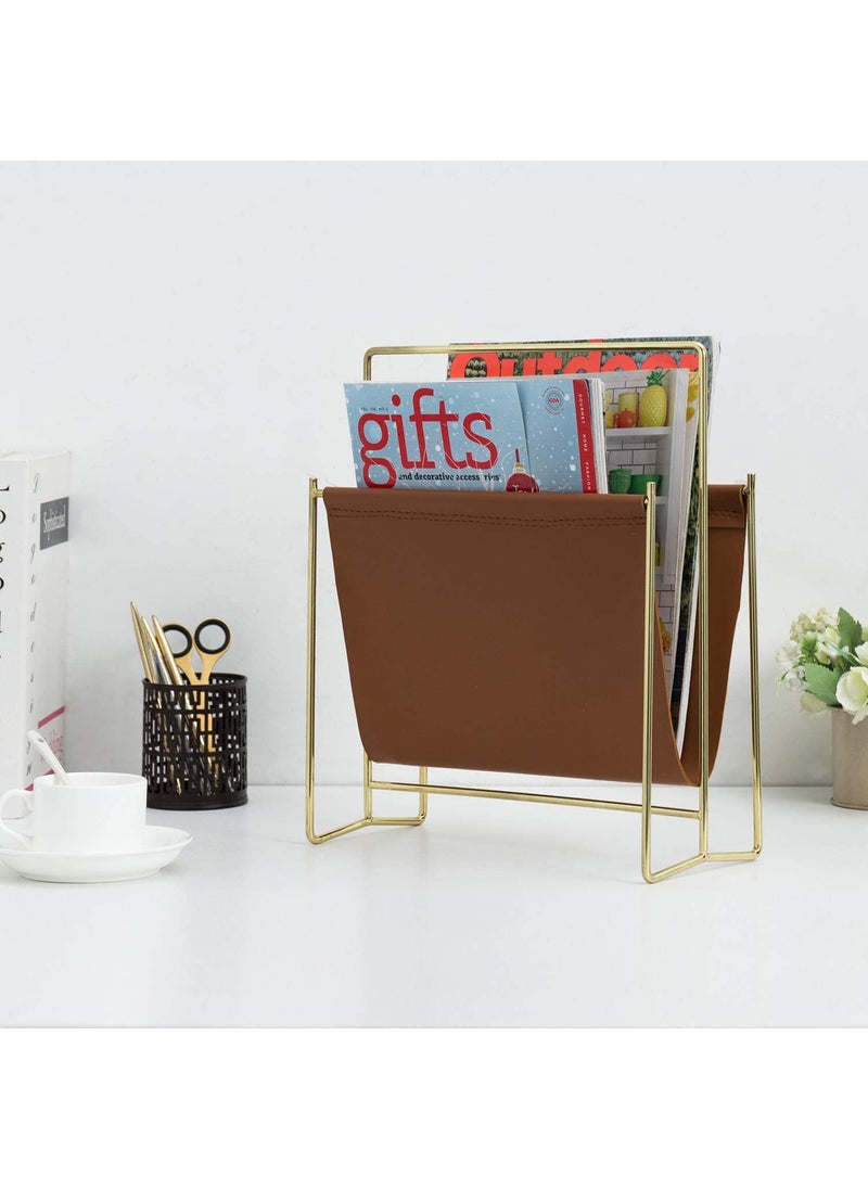INDIAN DECOR INDIAN DECOR 28514 Modern Caramel Leatherette Magazine Holder Floor Standing Sling Style Rack with Metal Frame Golden  - Image 5