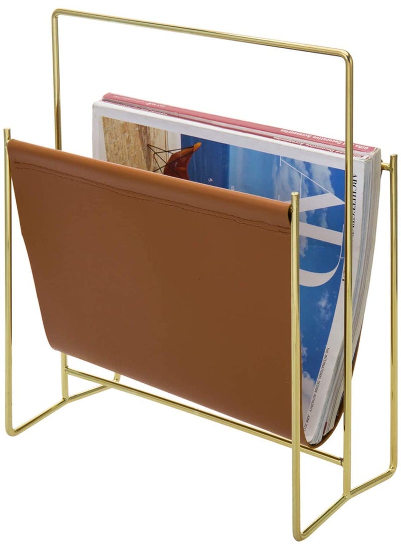 INDIAN DECOR INDIAN DECOR 28514 Modern Caramel Leatherette Magazine Holder Floor Standing Sling Style Rack with Metal Frame Golden  - Image 1