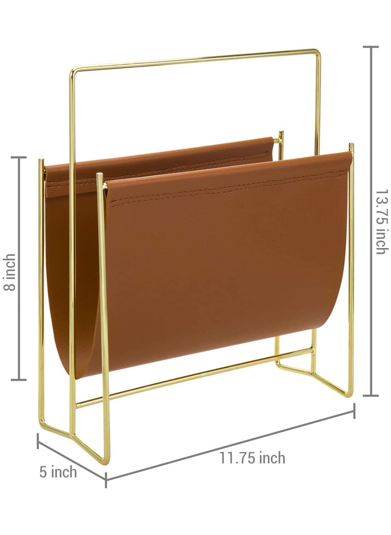 INDIAN DECOR INDIAN DECOR 28514 Modern Caramel Leatherette Magazine Holder Floor Standing Sling Style Rack with Metal Frame Golden  - Image 3