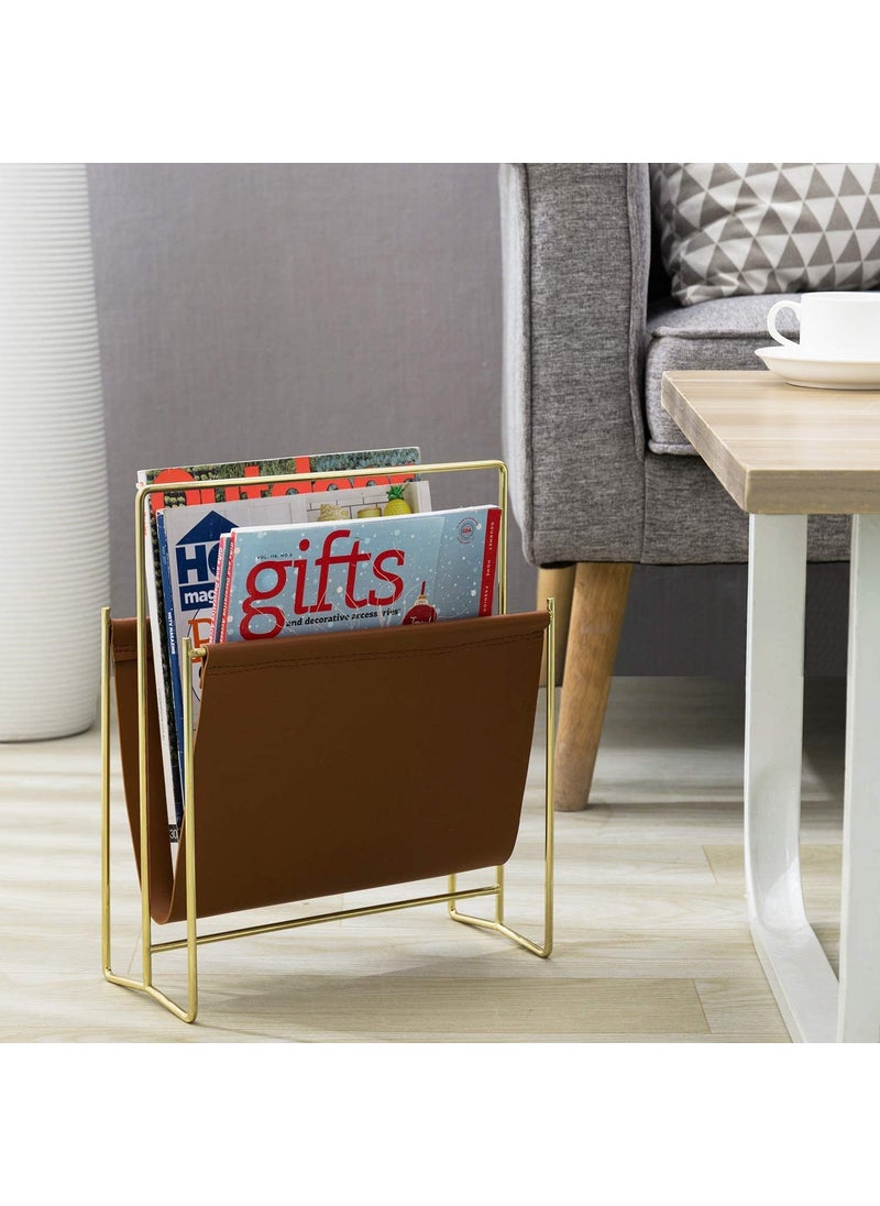 INDIAN DECOR INDIAN DECOR 28514 Modern Caramel Leatherette Magazine Holder Floor Standing Sling Style Rack with Metal Frame Golden  - Image 2