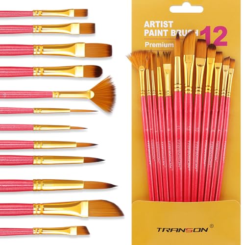 Transon Artist Paint Brush Set of 12 for Acrylic Watercolor Gouache Oil Craft Painting Red - Image 1