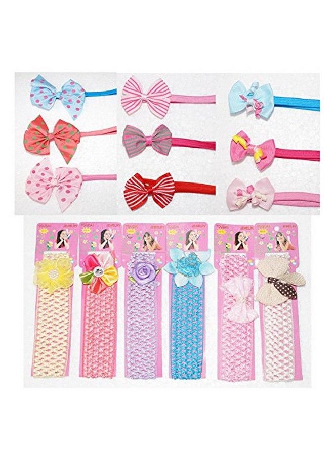 FOK Set Of 2 Pc Multi Color Crochet Style & 2 Pcs Bow Elastic Headbands For Babies (Random Design)  - Image 3