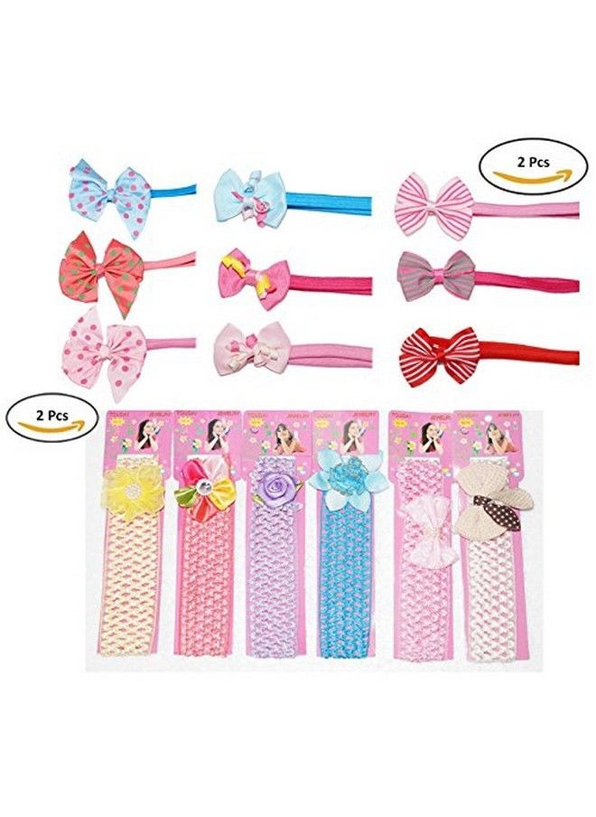 FOK Set Of 2 Pc Multi Color Crochet Style & 2 Pcs Bow Elastic Headbands For Babies (Random Design)  - Image 2
