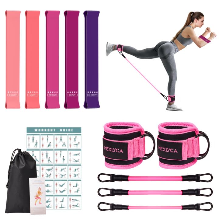 Mexlyca Resistance Bands Set â€“ Resistance Band and Adjustable Ankle Exercise Bands with Cuffs Great Equipment for Training, Working Out, Yoga,Home Gym with Training Guidance & Carry Bag,Set of 8 - Pink - Image 1