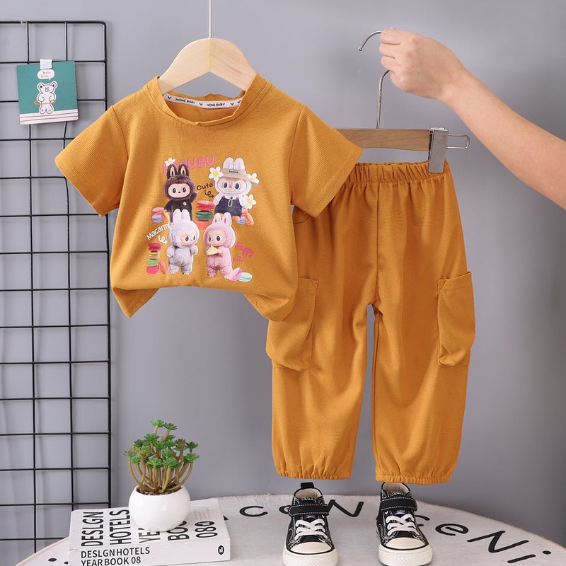 Cross-border special girls pull cloth short sleeve suit 25 summer new T-shirt LABUBU pants two-piece foreign trade Coffee color