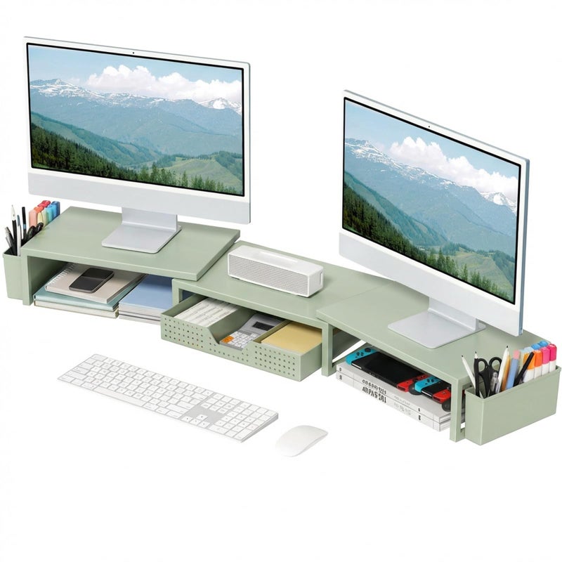 OPNICE Desk Organizers and Accessories, Dual Monitor Stand Riser with Drawer and 2 Pen Holders, Desk Shelf Metal Computer Monitor Stand for Office Workspace Organizers, Desktop Organization (Green Metal) - Image 1