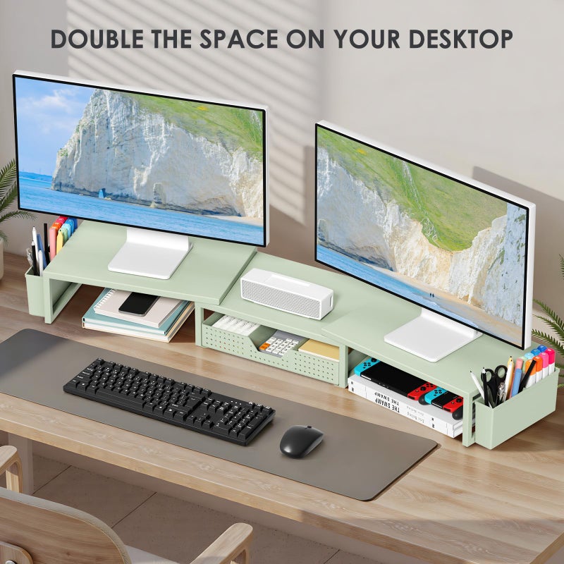 OPNICE Desk Organizers and Accessories, Dual Monitor Stand Riser with Drawer and 2 Pen Holders, Desk Shelf Metal Computer Monitor Stand for Office Workspace Organizers, Desktop Organization (Green Metal) - Image 4