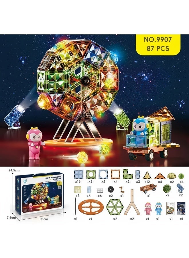 Light-Up Magnetic Tiles Set for Kids | Vibrant Color Magnetic Building Blocks | Fully Rotating Ferris Wheel Set with Car | Glows in the Dark | 3D Jade Diamond Surface | STEM Learning Toy Git for 3+ Yr Old Boys Girls for all occasions - Image 2