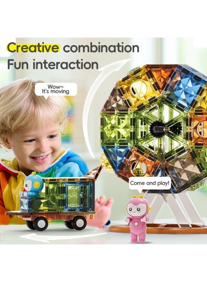 Light-Up Magnetic Tiles Set for Kids | Vibrant Color Magnetic Building Blocks | Fully Rotating Ferris Wheel Set with Car | Glows in the Dark | 3D Jade Diamond Surface | STEM Learning Toy Git for 3+ Yr Old Boys Girls for all occasions - Image 3