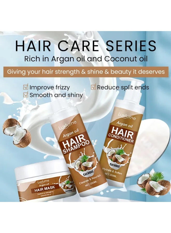 Luxfume Argan Oil and Coconut Oil 3-Piece Shampoo and Conditioner Set: Shampoo + Conditioner + Hair Mask. Deeply nourishes and repairs damaged hair. - Image 2
