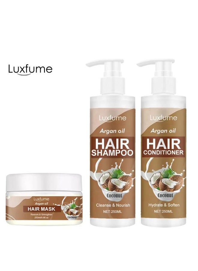 Luxfume Argan Oil and Coconut Oil 3-Piece Shampoo and Conditioner Set: Shampoo + Conditioner + Hair Mask. Deeply nourishes and repairs damaged hair. - Image 1