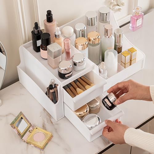ALOXE Premium Large Makeup Organisers | Upgraded Storage Box and Organiser with Drawers for Dressing Table, Skincare, Makeup Storage & Accessories (White) - Image 1