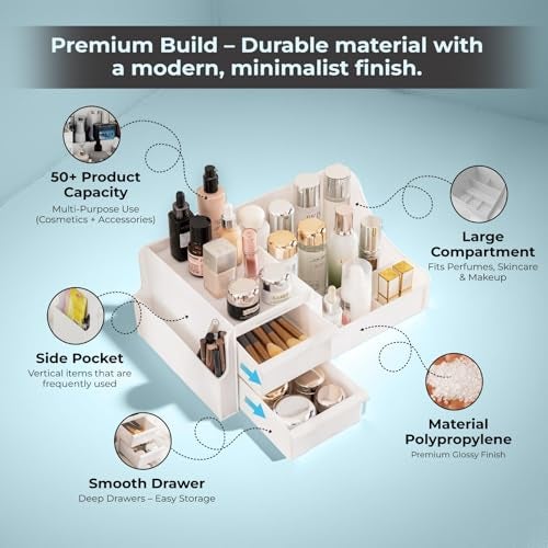 ALOXE Premium Large Makeup Organisers | Upgraded Storage Box and Organiser with Drawers for Dressing Table, Skincare, Makeup Storage & Accessories (White) - Image 4
