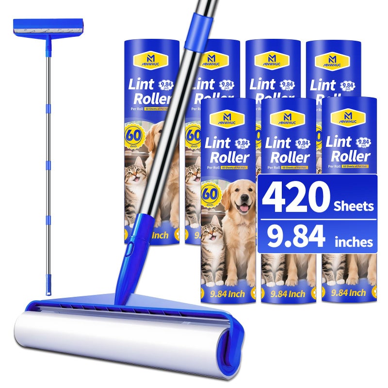 9.84" Large Extra Sticky Lint Roller, 58.3" Long Handle Lint Remover with 7 Rollers for Clothes, Cat Dog Pet Hair, Furniture, Couch, Carpet, Floor，Painted Wall Cleaner Mop Dust Cleaning - Image 1