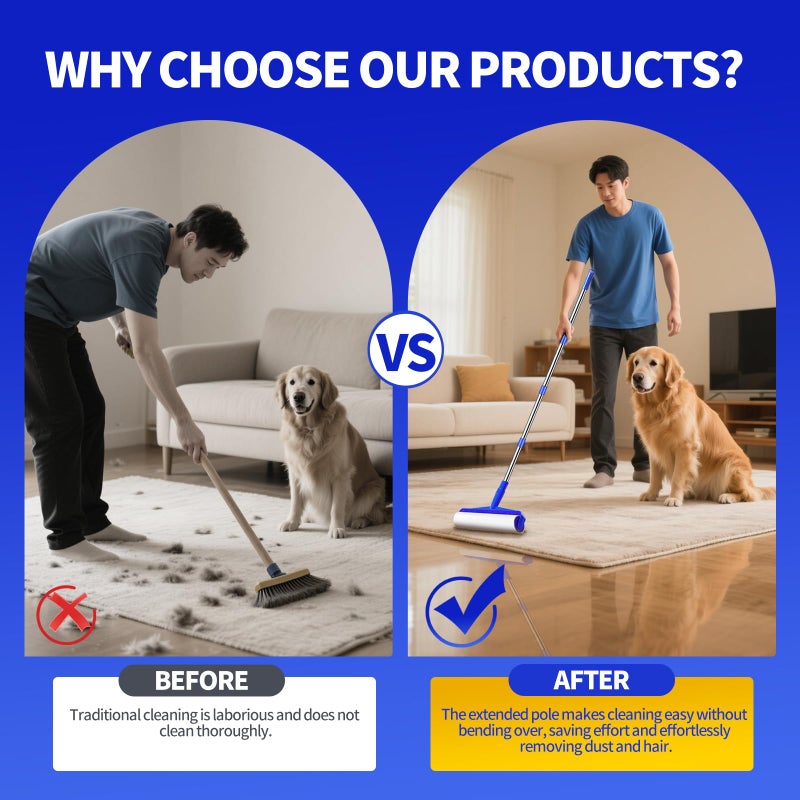 9.84" Large Extra Sticky Lint Roller, 58.3" Long Handle Lint Remover with 7 Rollers for Clothes, Cat Dog Pet Hair, Furniture, Couch, Carpet, Floor，Painted Wall Cleaner Mop Dust Cleaning - Image 2